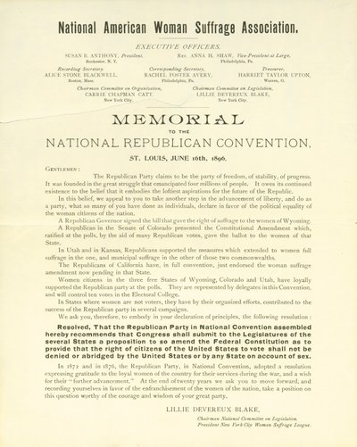 Memorial to the National Republican Convention by Lillie Devereux Blake